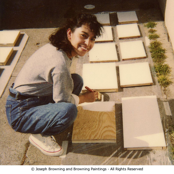 Joseph Browning Paintings - Olga sealing the wood bases for various paintings on paper