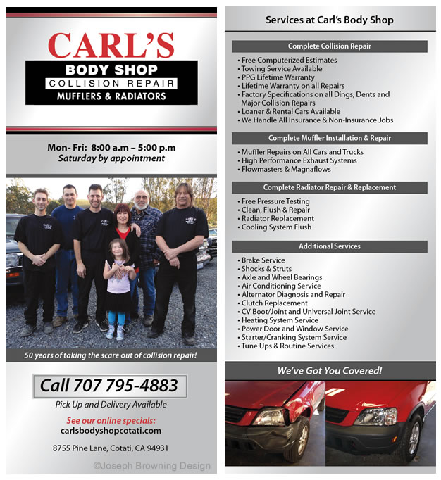Joseph Browning Design - Carl's Body Shop Rack Card Front and Back